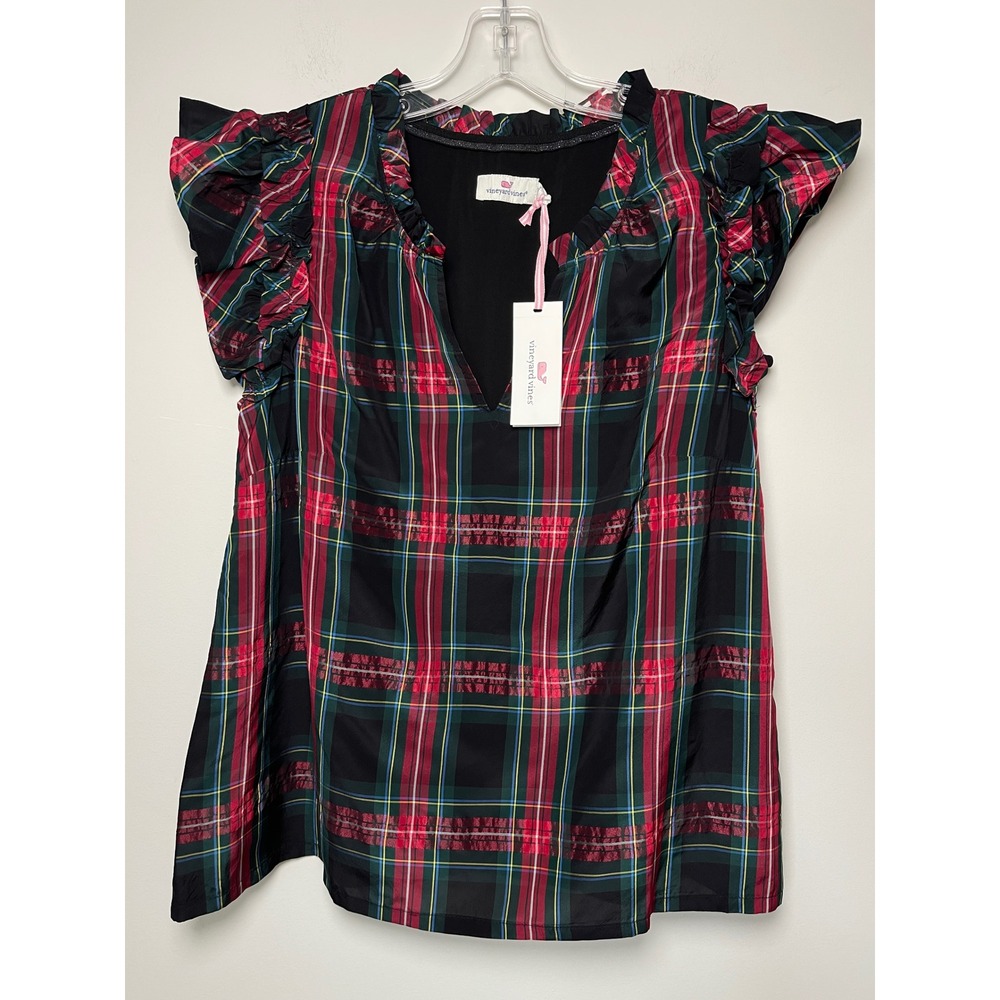 Vineyard Vines Tartan Ruffle Sleeve Babydoll Top Green Red Plaid S Holiday Party